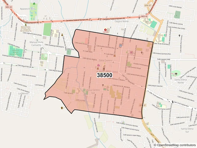 Mapa del código postal 38500, Apaseo el Alto, Guanajuato