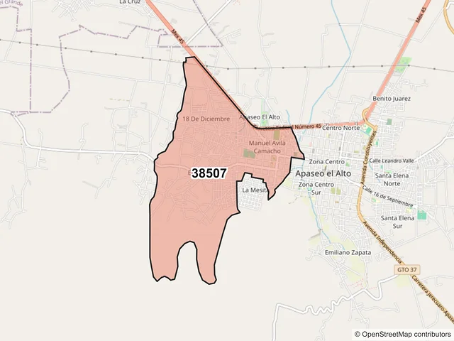 Mapa del código postal 38507, Apaseo el Alto, Guanajuato