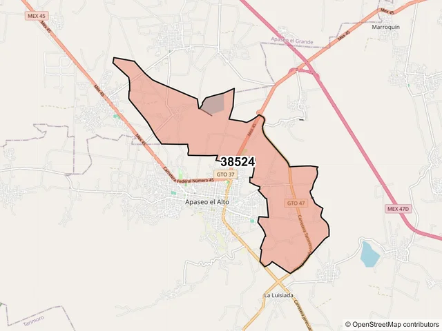 Mapa del código postal 38524, Apaseo el Alto, Guanajuato