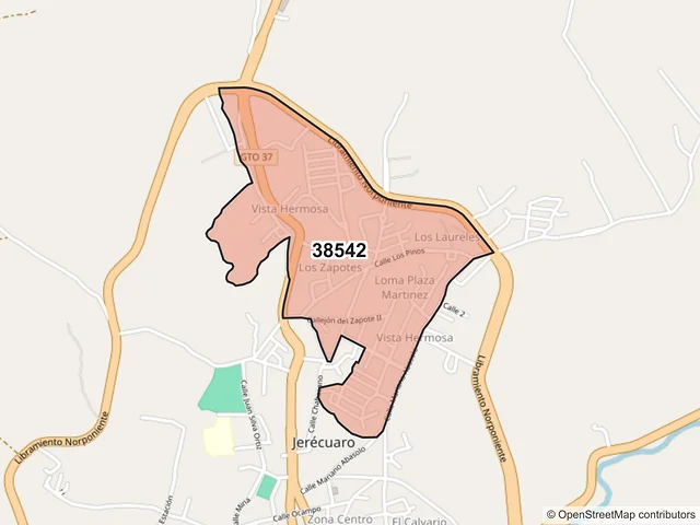 Mapa del código postal 38542, Jerécuaro, Guanajuato