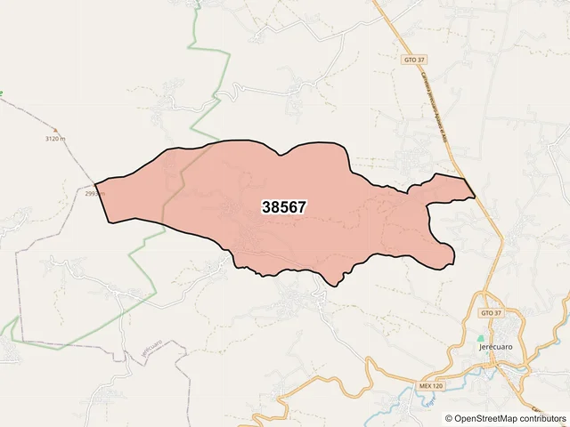 Mapa del código postal 38567, Jerécuaro, Guanajuato