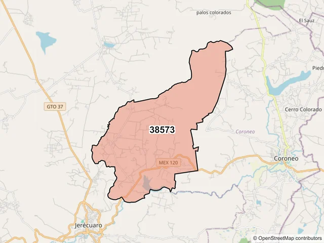 Mapa del código postal 38573, Jerécuaro, Guanajuato