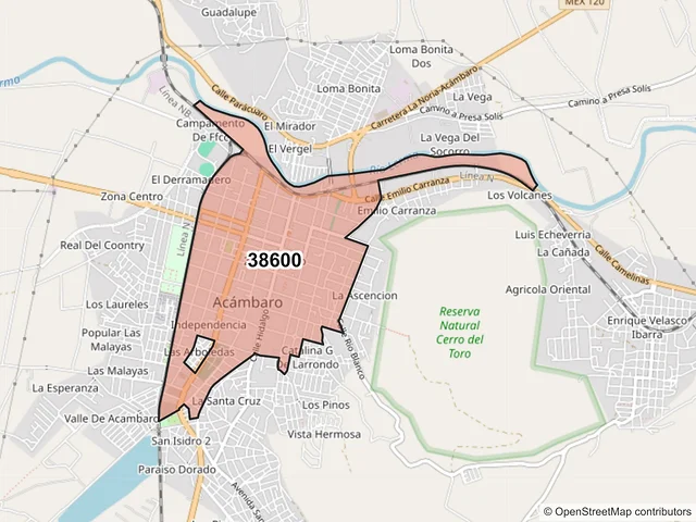 Mapa del código postal 38600, Acámbaro, Guanajuato