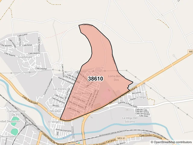 Mapa del código postal 38610, Acámbaro, Guanajuato
