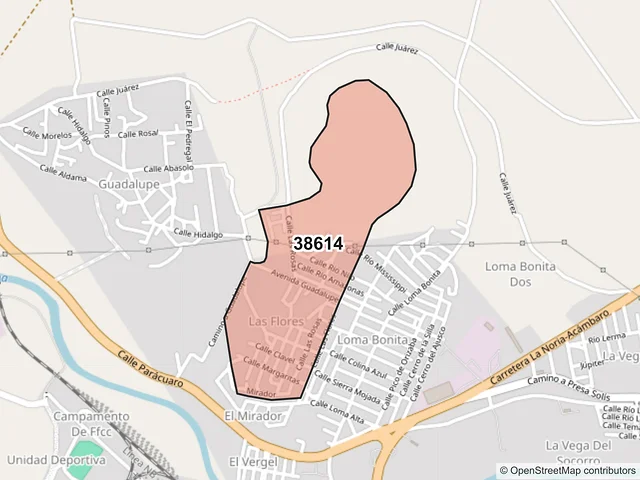 Mapa del código postal 38614, Acámbaro, Guanajuato