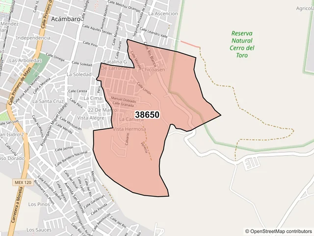 Mapa del código postal 38650, Acámbaro, Guanajuato
