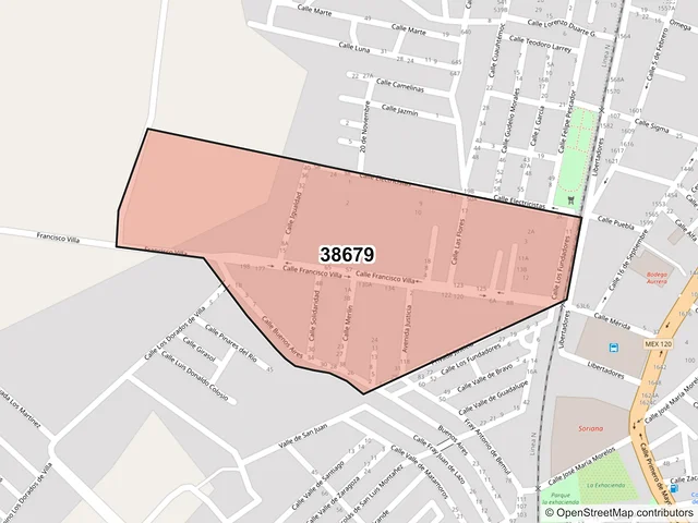 Mapa del código postal 38679, Acámbaro, Guanajuato