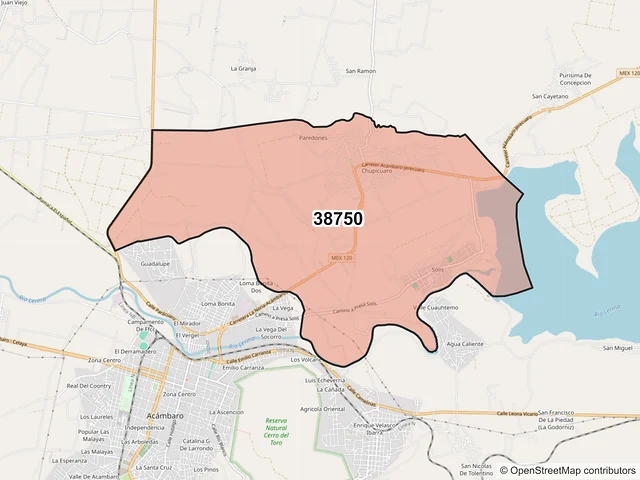 Mapa del código postal 38750, Acámbaro, Guanajuato