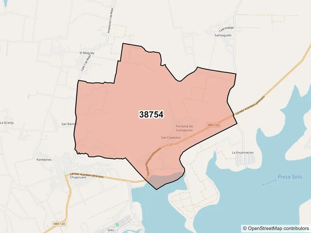 Mapa del código postal 38754, Acámbaro, Guanajuato