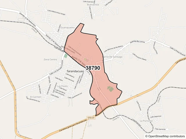 Mapa del código postal 38790, Tarandacuao, Guanajuato