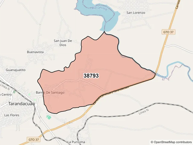 Mapa del código postal 38793, Tarandacuao, Guanajuato