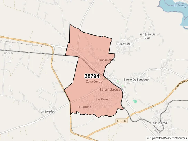 Mapa del código postal 38794, Tarandacuao, Guanajuato