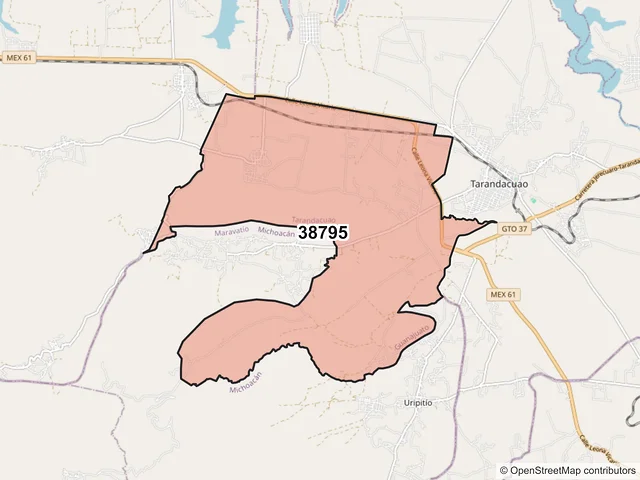 Mapa del código postal 38795, Tarandacuao, Guanajuato
