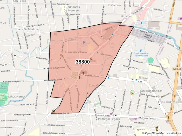 Mapa del código postal 38800, Moroleón, Guanajuato