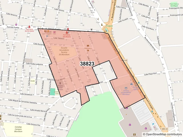 Mapa del código postal 38823, Moroleón, Guanajuato