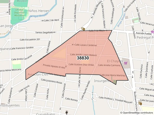 Mapa del código postal 38830, Moroleón, Guanajuato