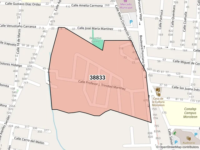 Mapa del código postal 38833, Moroleón, Guanajuato