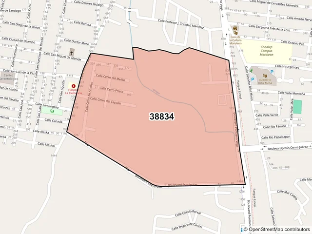 Mapa del código postal 38834, Moroleón, Guanajuato