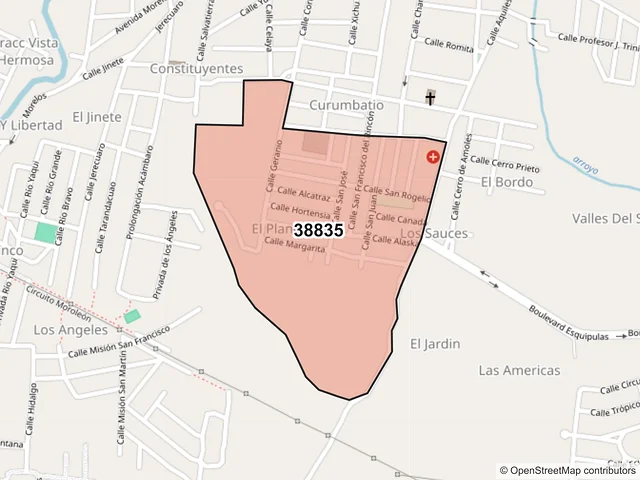 Mapa del código postal 38835, Moroleón, Guanajuato