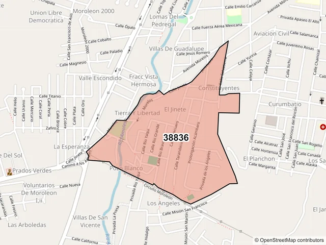Mapa del código postal 38836, Moroleón, Guanajuato