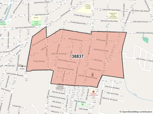 Mapa del código postal 38837, Moroleón, Guanajuato