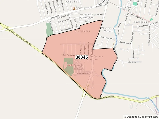 Mapa del código postal 38845, Moroleón, Guanajuato