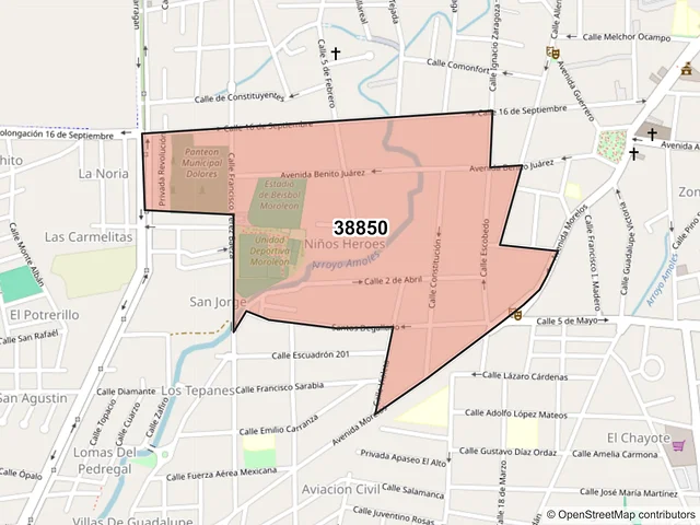 Mapa del código postal 38850, Moroleón, Guanajuato