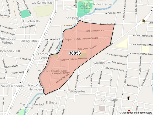Mapa del código postal 38853, Moroleón, Guanajuato
