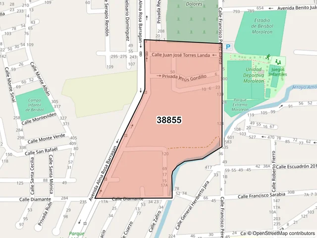 Mapa del código postal 38855, Moroleón, Guanajuato