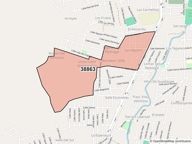 Mapa del código postal 38863, Moroleón, Guanajuato