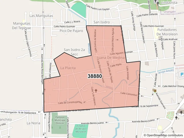 Mapa del código postal 38880, Moroleón, Guanajuato