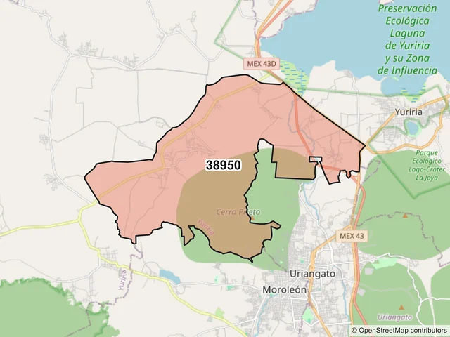 Mapa del código postal 38950, Yuriria, Guanajuato
