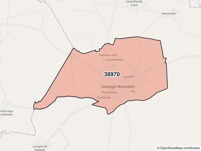 Mapa del código postal 38970, Santiago Maravatío, Guanajuato