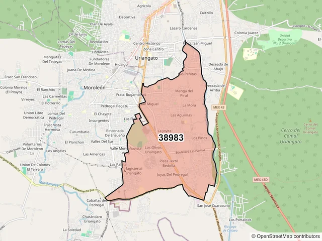 Mapa del código postal 38983, Uriangato, Guanajuato