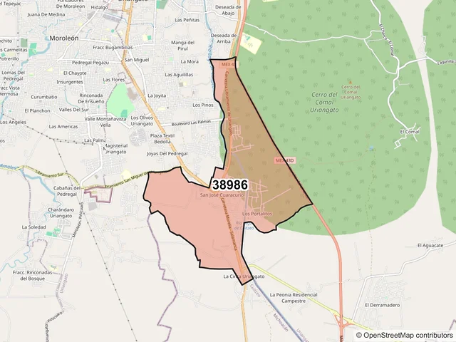 Mapa del código postal 38986, Uriangato, Guanajuato
