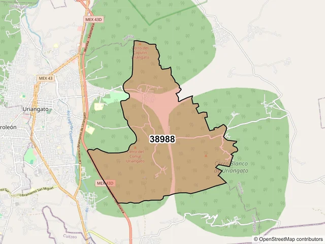 Mapa del código postal 38988, Uriangato, Guanajuato