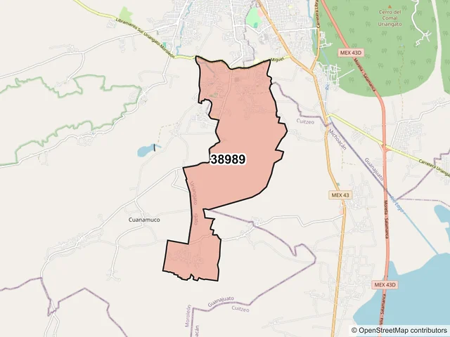 Mapa del código postal 38989, Uriangato, Guanajuato