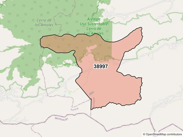 Mapa del código postal 38997, Moroleón, Guanajuato