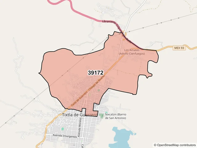 Mapa del código postal 39172, Tixtla de Guerrero, Guerrero
