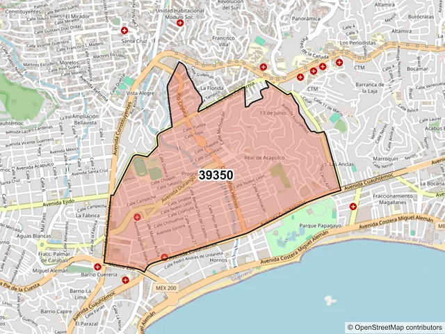 Mapa del código postal 39350, Acapulco de Juárez, Guerrero