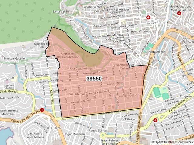 Mapa del código postal 39550, Acapulco de Juárez, Guerrero