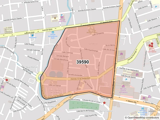 Mapa del código postal 39590, Acapulco de Juárez, Guerrero