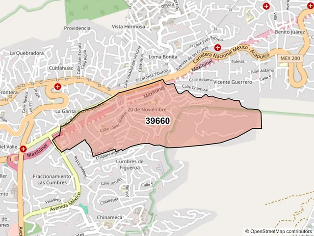 Mapa del código postal 39660, Acapulco de Juárez, Guerrero