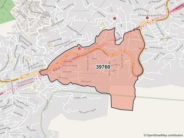 Mapa del código postal 39760, Acapulco de Juárez, Guerrero