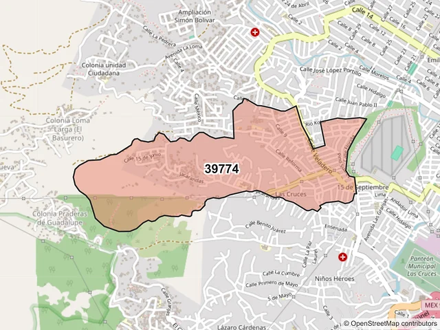 Mapa del código postal 39774, Acapulco de Juárez, Guerrero