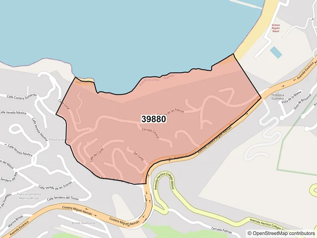 Mapa del código postal 39880, Acapulco de Juárez, Guerrero