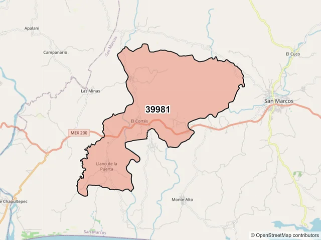 Mapa del código postal 39981, San Marcos, Guerrero
