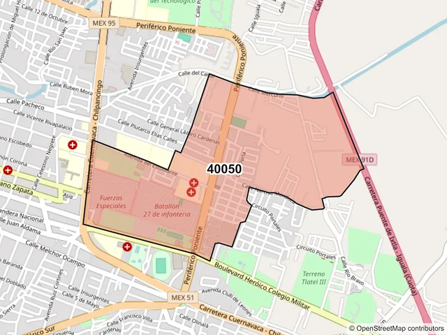 Mapa del código postal 40050, Iguala de la Independencia, Guerrero