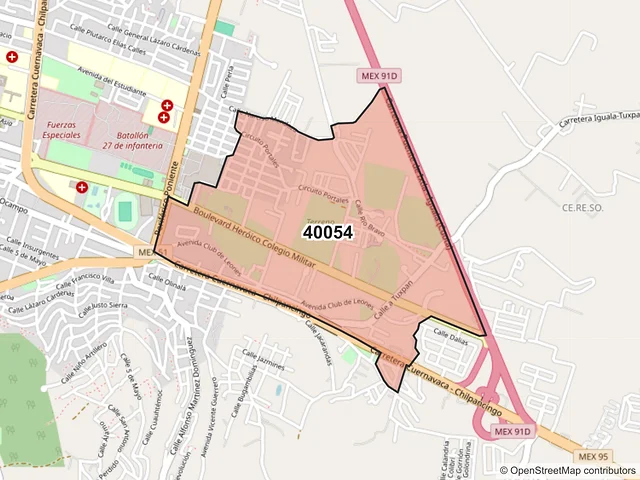Mapa del código postal 40054, Iguala de la Independencia, Guerrero