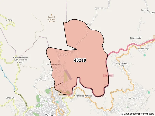 Mapa del código postal 40210, Taxco de Alarcón, Guerrero